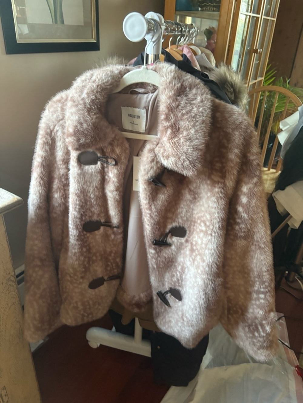 Hollister Light Brown Plush Faux Fur Toggle Jacket Coat Deer Fawn Print NWT